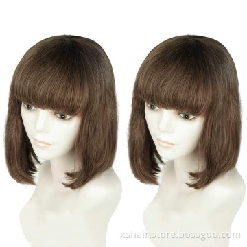 Summer short bob straight wig with bangs brown colored human hair wig short brazilian full lace wig